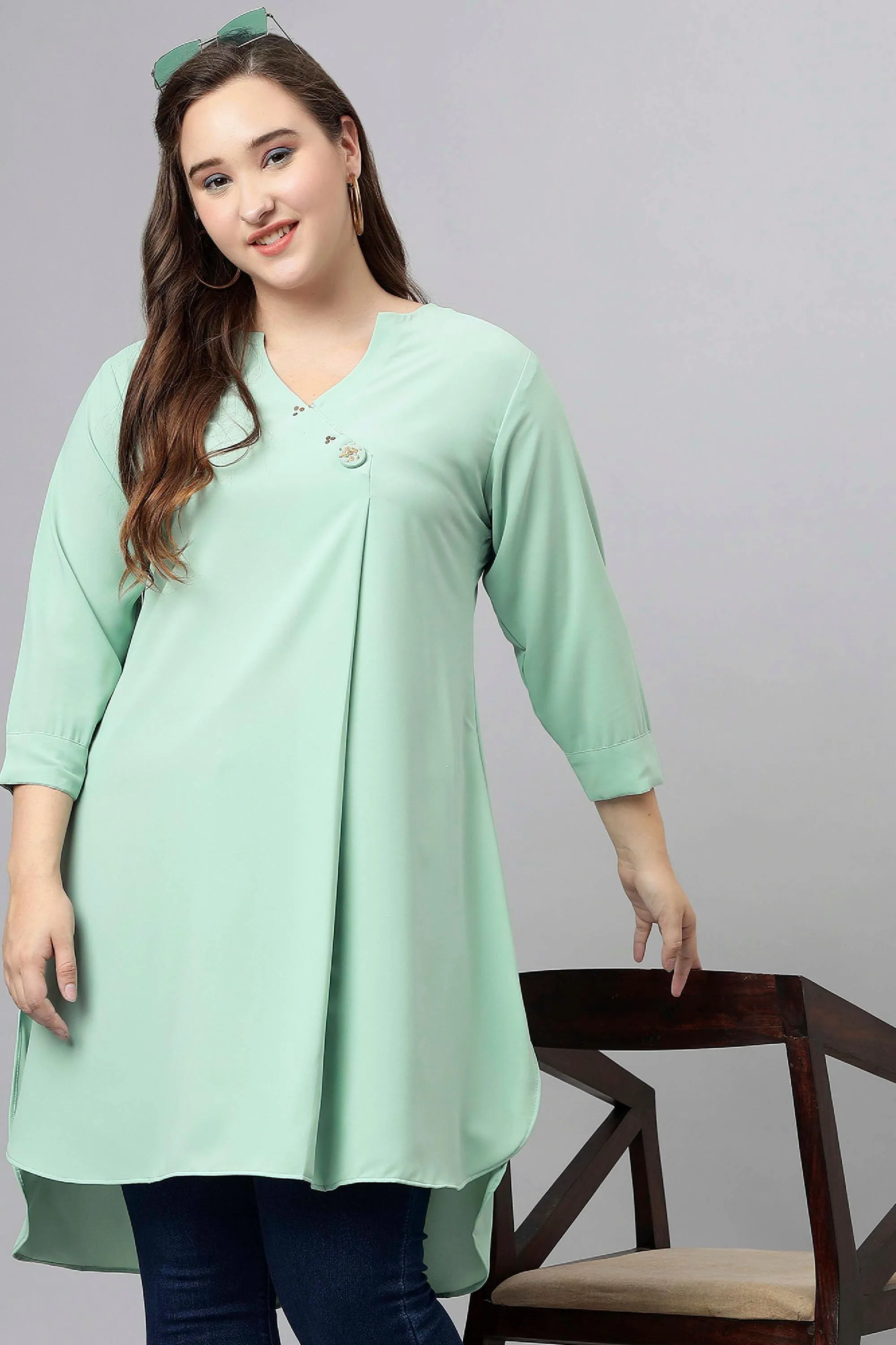 Curvy Lane Women Plus Size Wrap Style High Low V Neck Tunic
